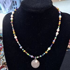 Freshwater pearl and vintage African glass 'Amour' charm necklace, 16" adj